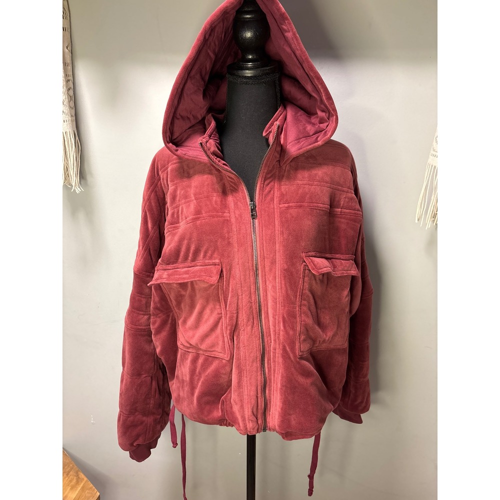 Daily Practice by‎ Anthropologie Burgundy Velour Hooded Bomber Jacket XL Women
